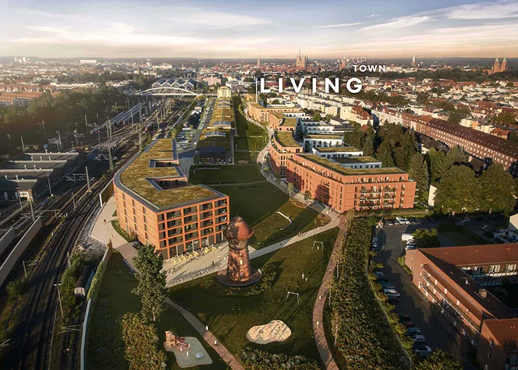 Visualisierung des Quartiers Neuen Meile in Lübeck. Blick aus der Vogelperspektive. Im Vordergrund ist der Wasserturm.